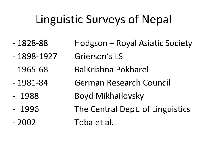 Linguistic Surveys of Nepal - 1828 -88 - 1898 -1927 - 1965 -68 -