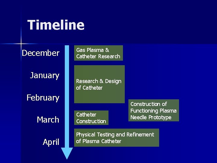 Timeline December January Gas Plasma & Catheter Research & Design of Catheter February March