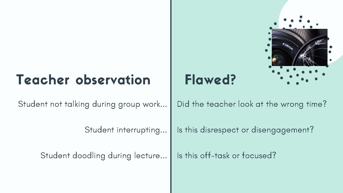 Teacher observation Student not talking during group work. . . Student interrupting. . . Teacher observation Student not talking during group work. . . Student interrupting. . .