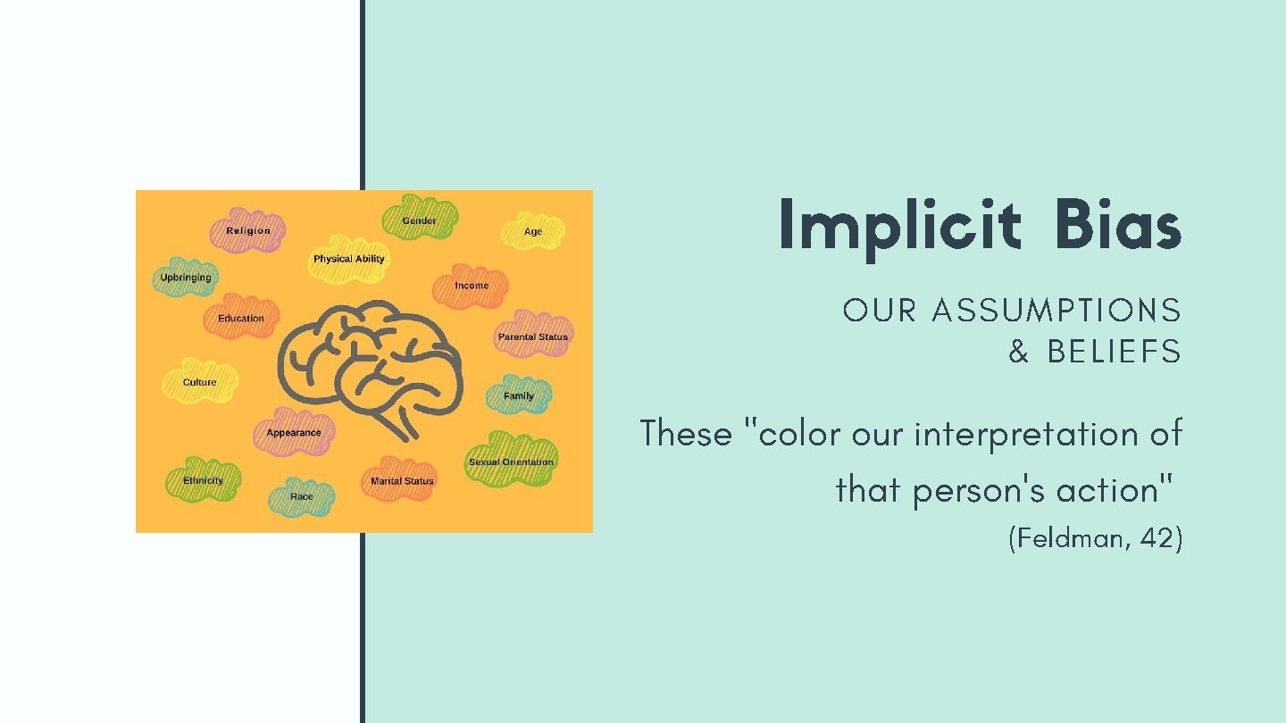 Implicit Bias OUR ASSUMPTIONS & BELIEFS These "color our interpretation of that person's action" Implicit Bias OUR ASSUMPTIONS & BELIEFS These "color our interpretation of that person's action"