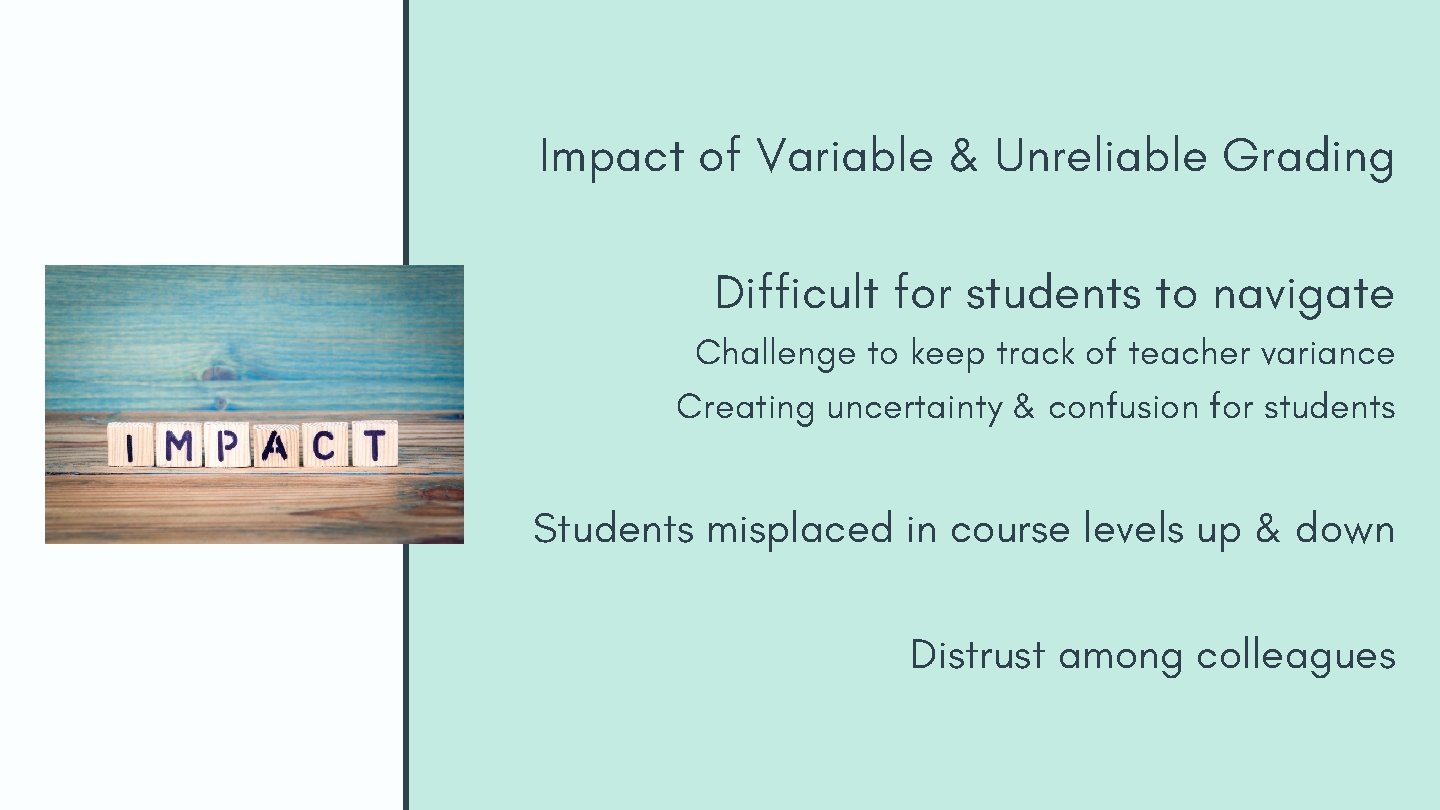 Impact of Variable & Unreliable Grading Difficult for students to navigate Challenge to keep Impact of Variable & Unreliable Grading Difficult for students to navigate Challenge to keep