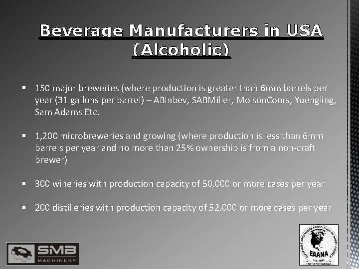 Beverage Manufacturers in USA (Alcoholic) § 150 major breweries (where production is greater than