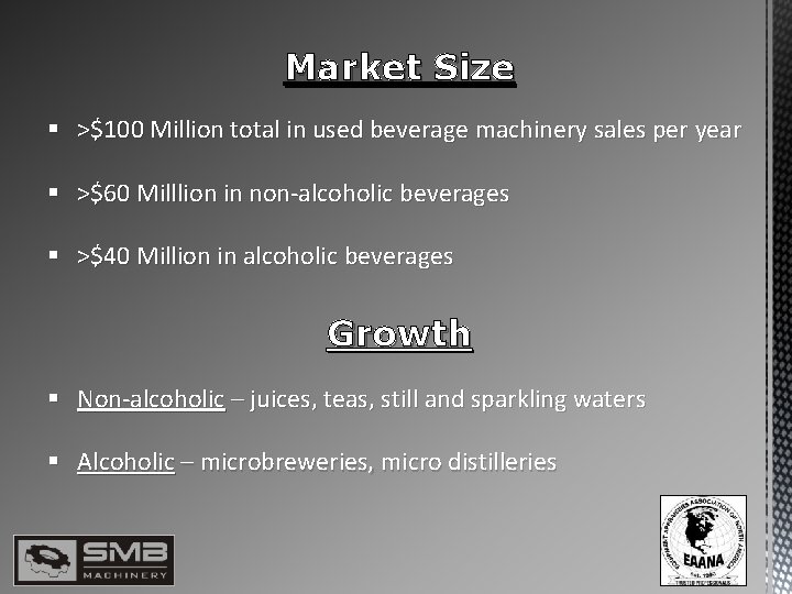 Market Size § >$100 Million total in used beverage machinery sales per year §