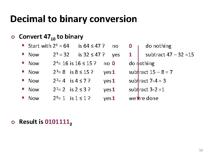 Carnegie Mellon Decimal to binary conversion ¢ Convert 4710 to binary § § §