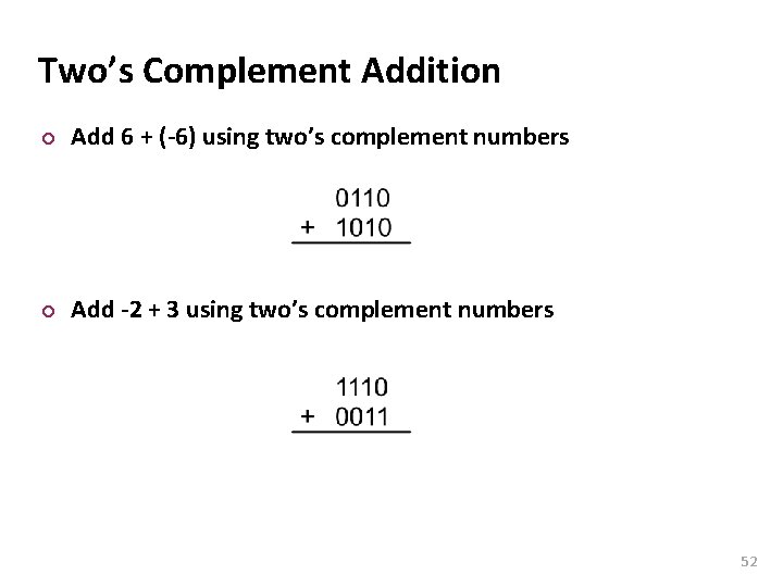 Carnegie Mellon Two’s Complement Addition ¢ Add 6 + (-6) using two’s complement numbers