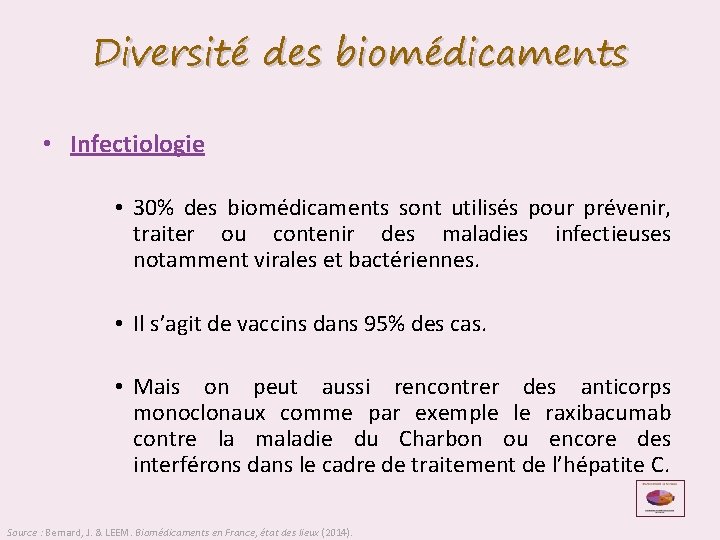 Diversité des biomédicaments • Infectiologie • 30% des biomédicaments sont utilisés pour prévenir, traiter