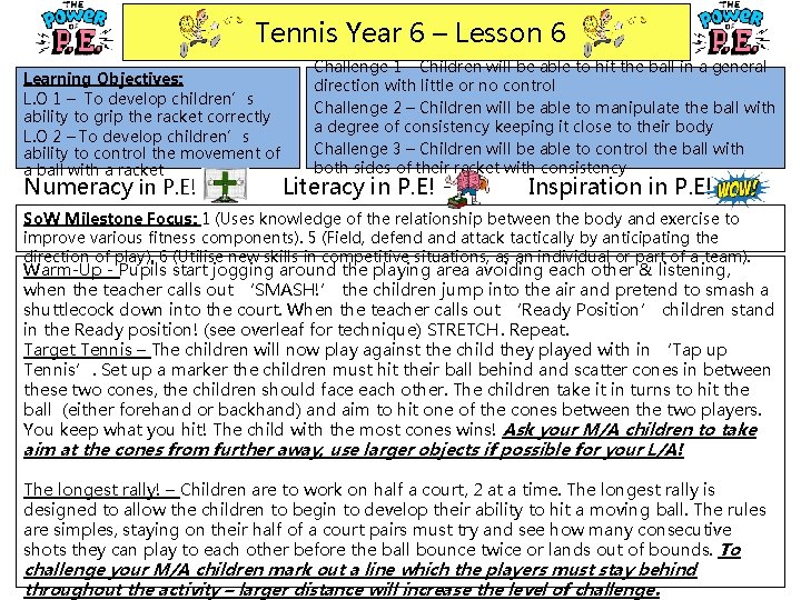 Tennis Year 6 – Lesson 6 Learning Objectives: L. O 1 – To develop