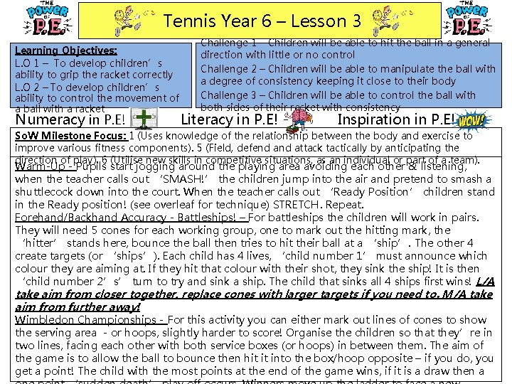 Tennis Year 6 – Lesson 3 Learning Objectives: L. O 1 – To develop