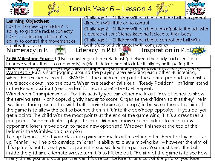 Tennis Year 6 – Lesson 4 Learning Objectives: L. O 1 – To develop