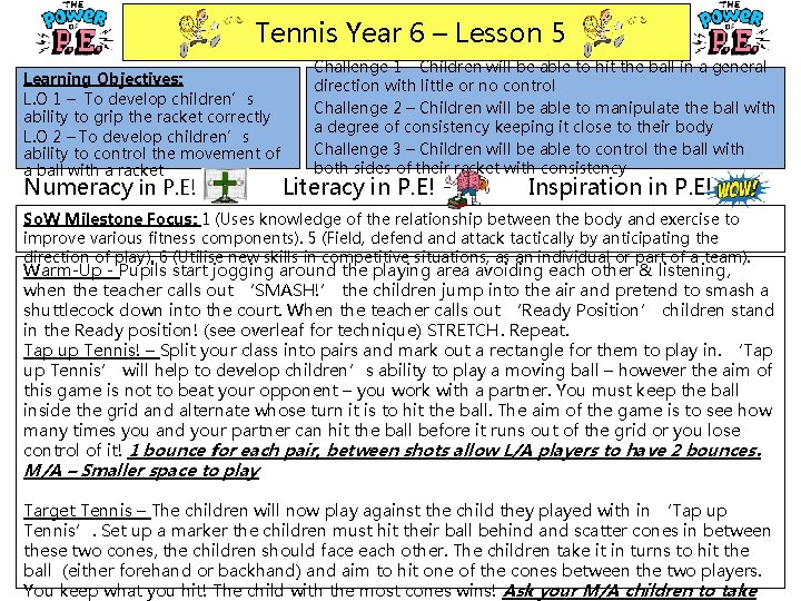 Tennis Year 6 – Lesson 5 Learning Objectives: L. O 1 – To develop