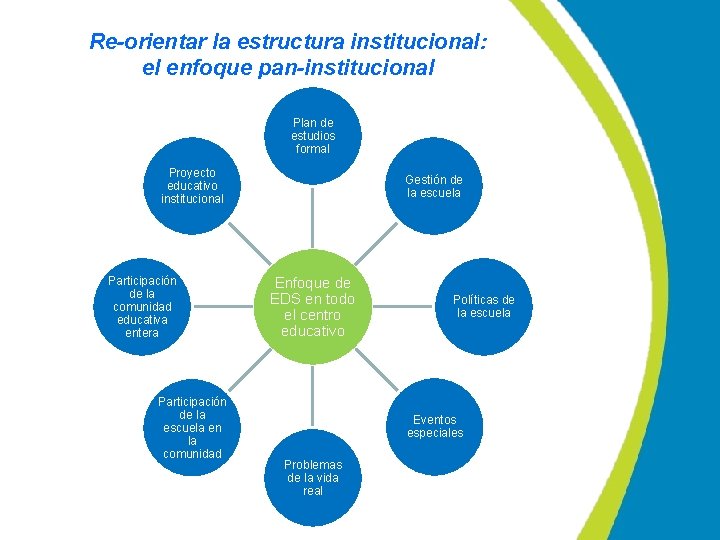 Re-orientar la estructura institucional: el enfoque pan-institucional Plan de estudios formal Proyecto educativo institucional