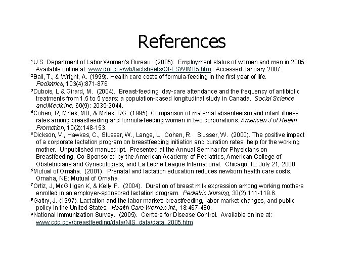 References 1 U. S. Department of Labor Women’s Bureau. (2005). Employment status of women
