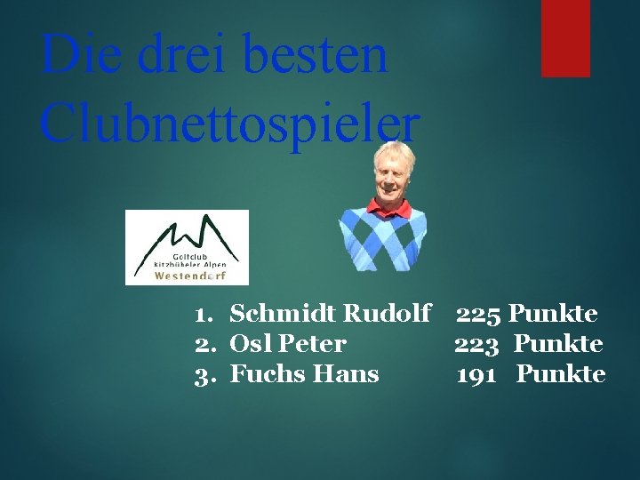 Die drei besten Clubnettospieler 1. Schmidt Rudolf 225 Punkte 2. Osl Peter 223 Punkte