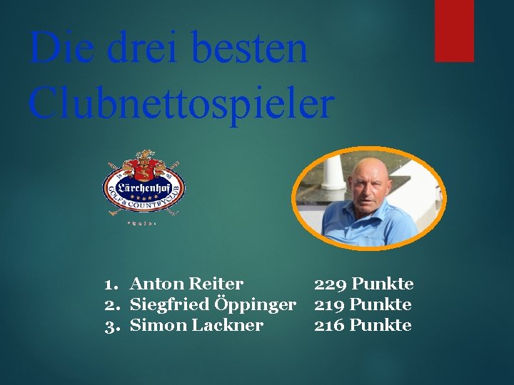 Die drei besten Clubnettospieler 1. Anton Reiter 229 Punkte 2. Siegfried Öppinger 219 Punkte