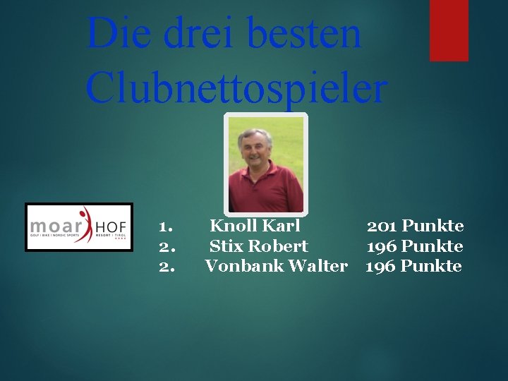 Die drei besten Clubnettospieler 1. 2. 2. Knoll Karl Stix Robert Vonbank Walter 201