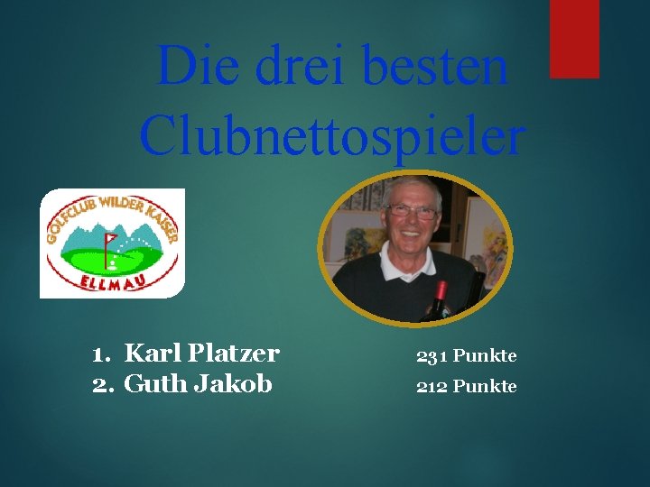 Die drei besten Clubnettospieler 1. Karl Platzer 2. Guth Jakob 231 Punkte 212 Punkte