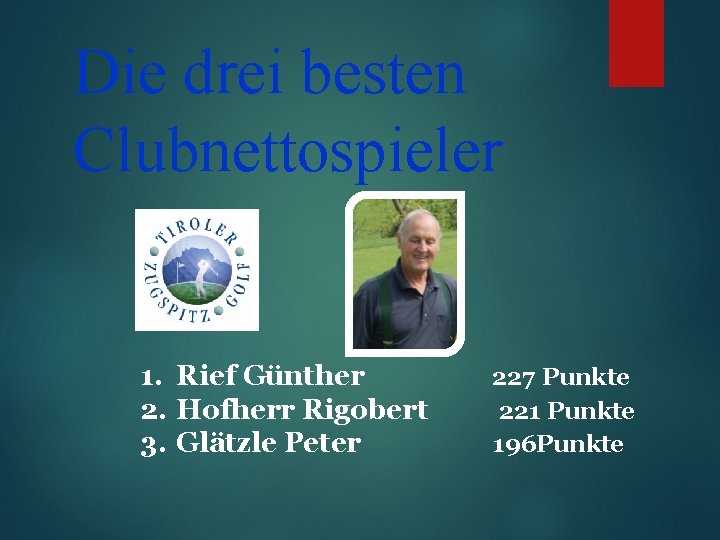 Die drei besten Clubnettospieler 1. Rief Günther 2. Hofherr Rigobert 3. Glätzle Peter 227