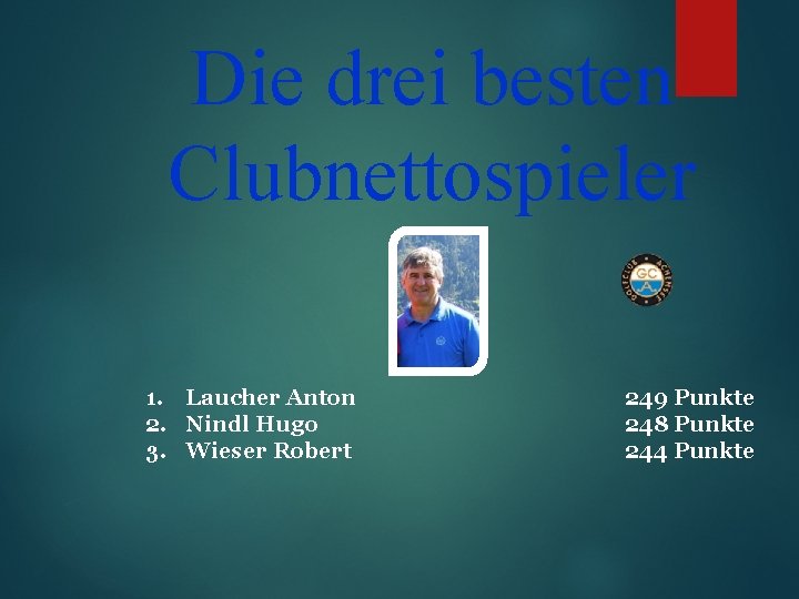 Die drei besten Clubnettospieler 1. Laucher Anton 2. Nindl Hugo 3. Wieser Robert 249