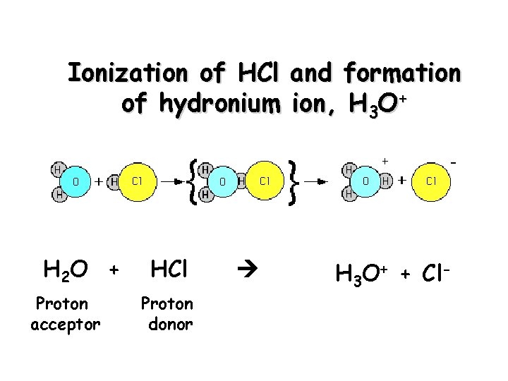 Ionization of HCl and formation of hydronium ion, H 3 O+ H 2 O