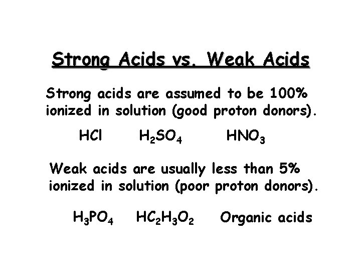 Strong Acids vs. Weak Acids Strong acids are assumed to be 100% ionized in