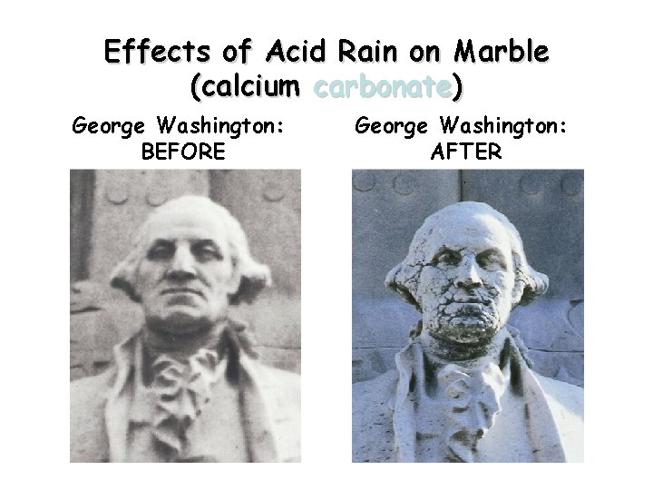 Effects of Acid Rain on Marble (calcium carbonate) George Washington: BEFORE George Washington: AFTER