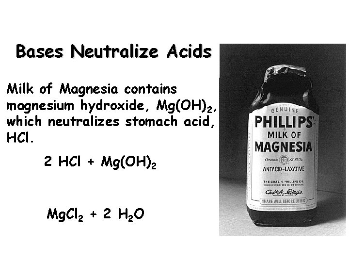 Bases Neutralize Acids Milk of Magnesia contains magnesium hydroxide, Mg(OH)2, which neutralizes stomach acid,