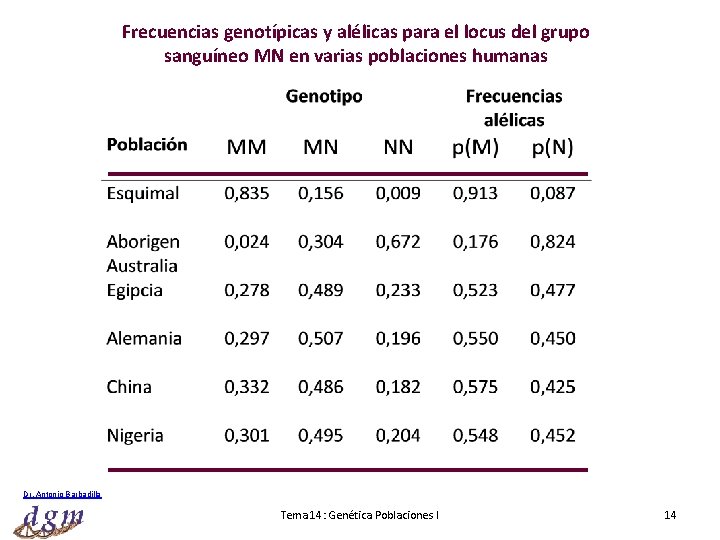 Frecuencias genotípicas y alélicas para el locus del grupo sanguíneo MN en varias poblaciones