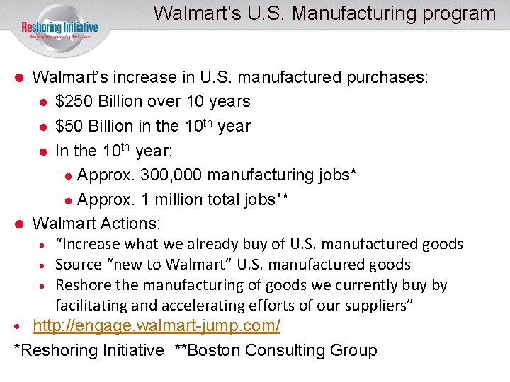 Walmart’s U. S. Manufacturing program Walmart’s increase in U. S. manufactured purchases: $250 Billion