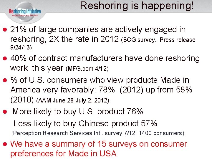 Reshoring is happening! 21% of large companies are actively engaged in reshoring, 2 X