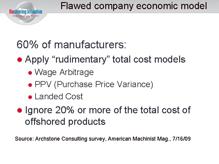 Flawed company economic model 60% of manufacturers: Apply “rudimentary” total cost models Wage Arbitrage