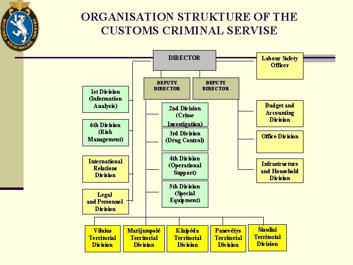 ORGANISATION STRUKTURE OF THE CUSTOMS CRIMINAL SERVISE DIRECTOR 1 st Division (Information Analysis) DEPUTY