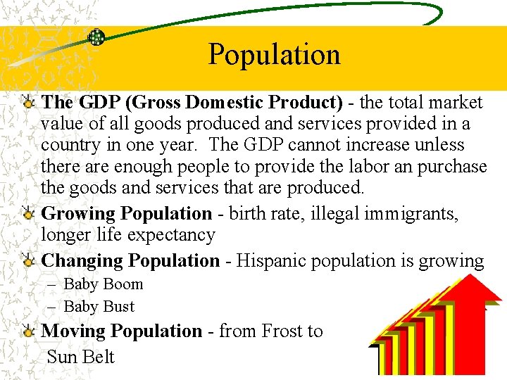 Population The GDP (Gross Domestic Product) - the total market value of all goods