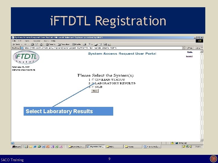 i. FTDTL Registration Select Laboratory Results SACO Training 9 