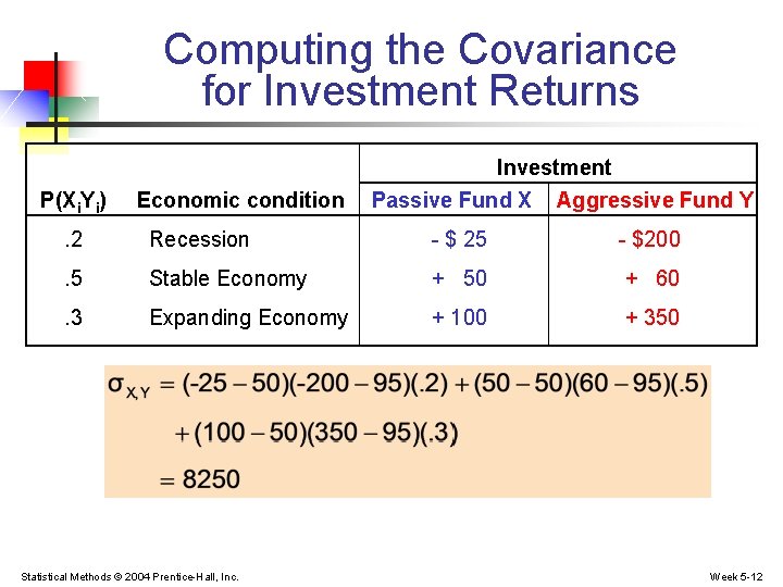 Computing the Covariance for Investment Returns P(Xi. Yi) Economic condition Investment Passive Fund X
