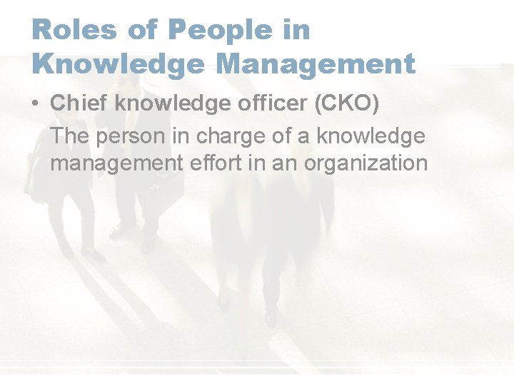Roles of People in Knowledge Management • Chief knowledge officer (CKO) The person in