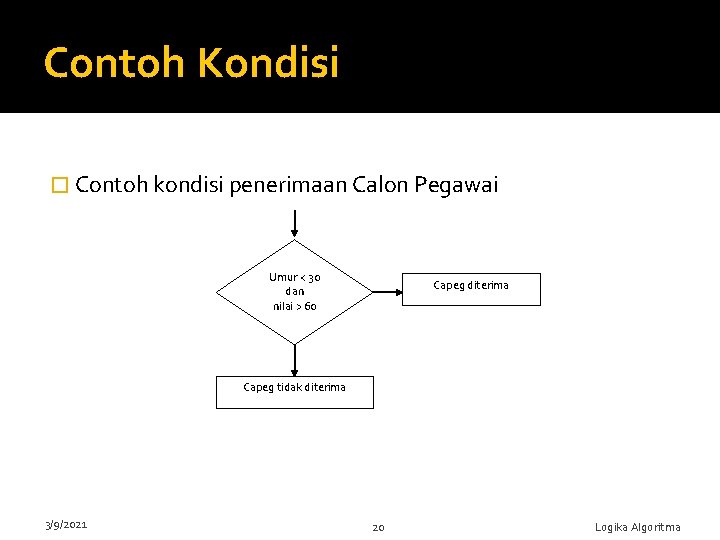 Contoh Kondisi � Contoh kondisi penerimaan Calon Pegawai Umur < 30 dan nilai >