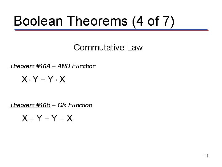 Boolean Theorems (4 of 7) Commutative Law Theorem #10 A – AND Function Theorem Boolean Theorems (4 of 7) Commutative Law Theorem #10 A – AND Function Theorem