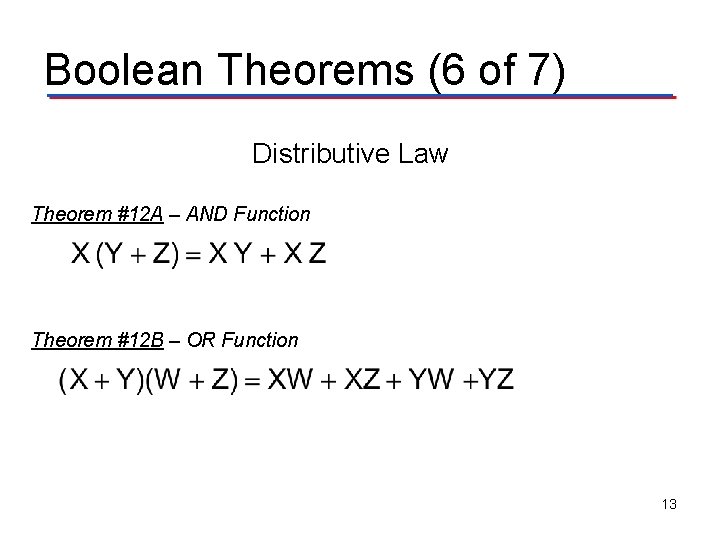 Boolean Theorems (6 of 7) Distributive Law Theorem #12 A – AND Function Theorem Boolean Theorems (6 of 7) Distributive Law Theorem #12 A – AND Function Theorem