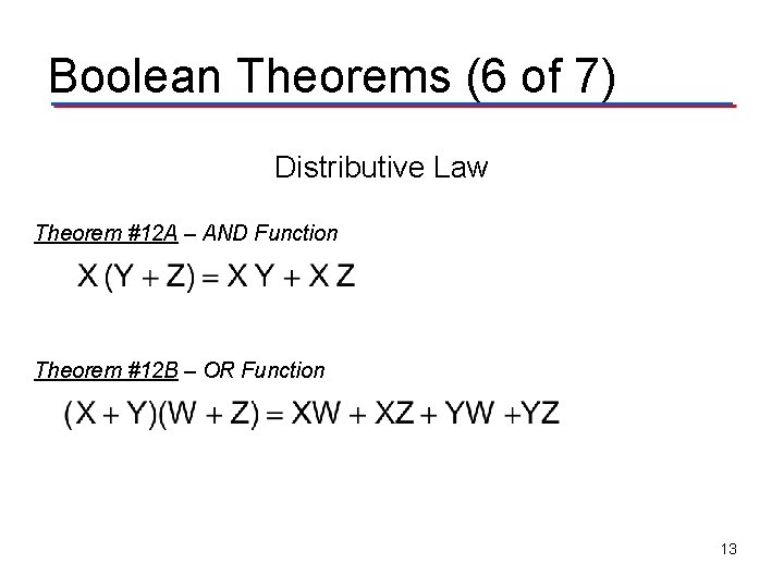 Boolean Theorems (6 of 7) Distributive Law Theorem #12 A – AND Function Theorem