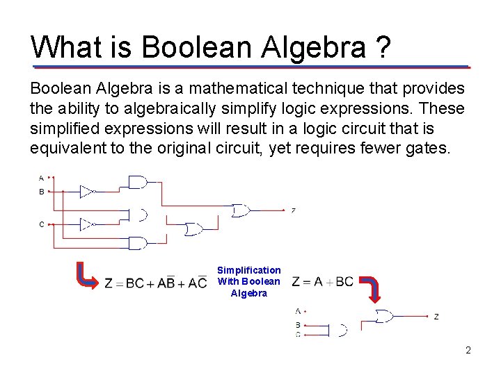 What is Boolean Algebra ? Boolean Algebra is a mathematical technique that provides the