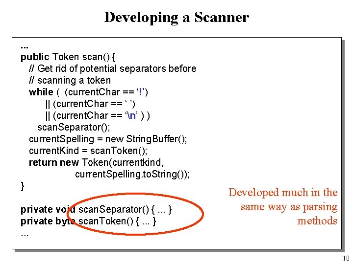 Developing a Scanner. . . public Token scan() { // Get rid of potential