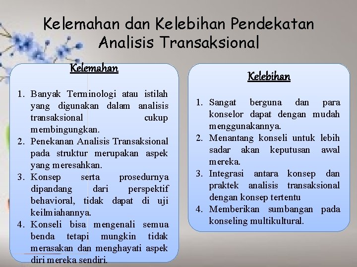 Kelemahan dan Kelebihan Pendekatan Analisis Transaksional Kelemahan 1. Banyak Terminologi atau istilah yang digunakan