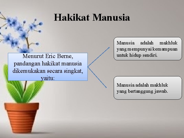 Hakikat Manusia Menurut Eric Berne, pandangan hakikat manusia dikemukakan secara singkat, yaitu: Manusia adalah