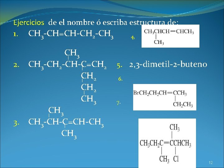 Ejercicios de el nombre ó escriba estructura de: 1. CH 3 -CH=CH-CH 2 -CH