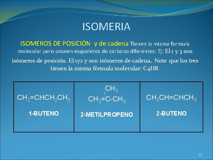 ISOMERIA ISOMEROS DE POSICIÓN y de cadena Tienen la misma formula molecular pero poseen