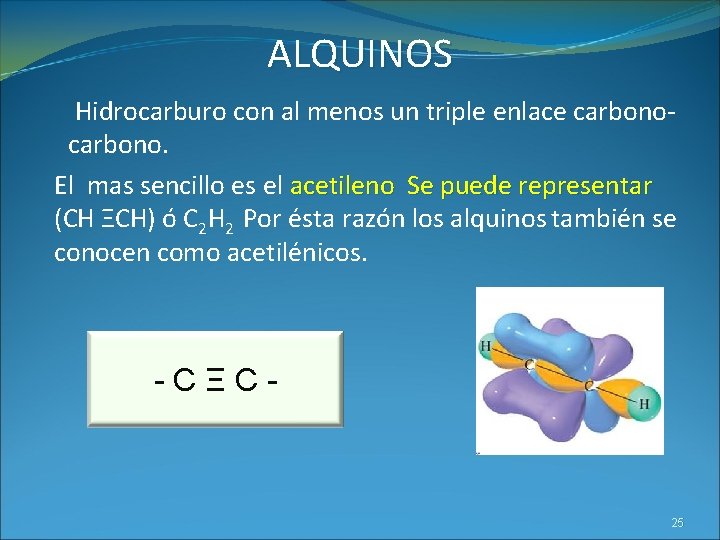 ALQUINOS Hidrocarburo con al menos un triple enlace carbono. El mas sencillo es el