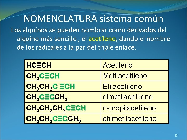 NOMENCLATURA sistema común Los alquinos se pueden nombrar como derivados del alquino más sencillo
