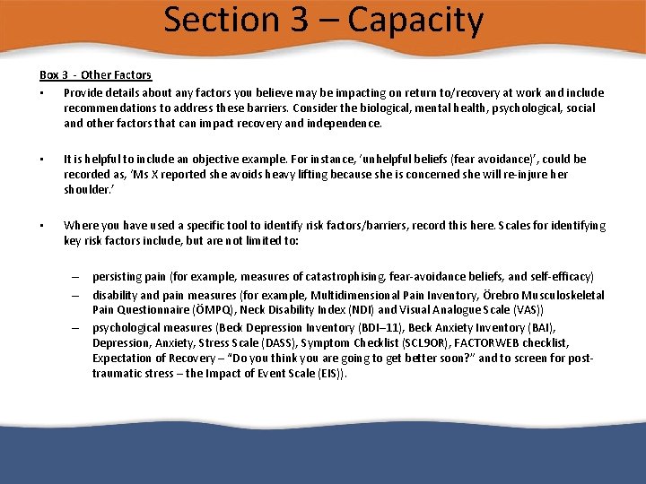Section 3 – Capacity Box 3 - Other Factors • Provide details about any