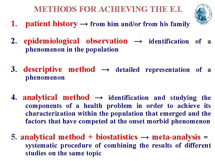 METHODS FOR ACHIEVING THE E. I. 1. patient history → from him and/or from