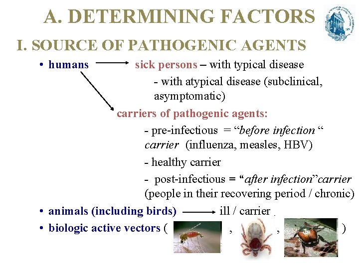 A. DETERMINING FACTORS I. SOURCE OF PATHOGENIC AGENTS • humans sick persons – with
